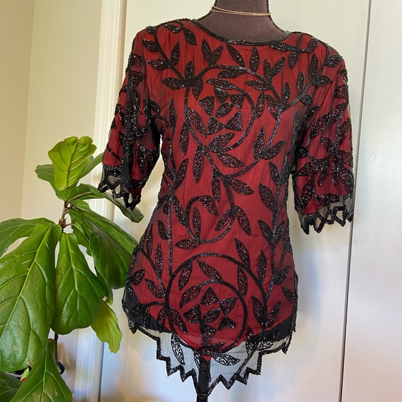 Vintage Deep Red Beaded Blouse | Silk Blouse - Picture 2 of 14